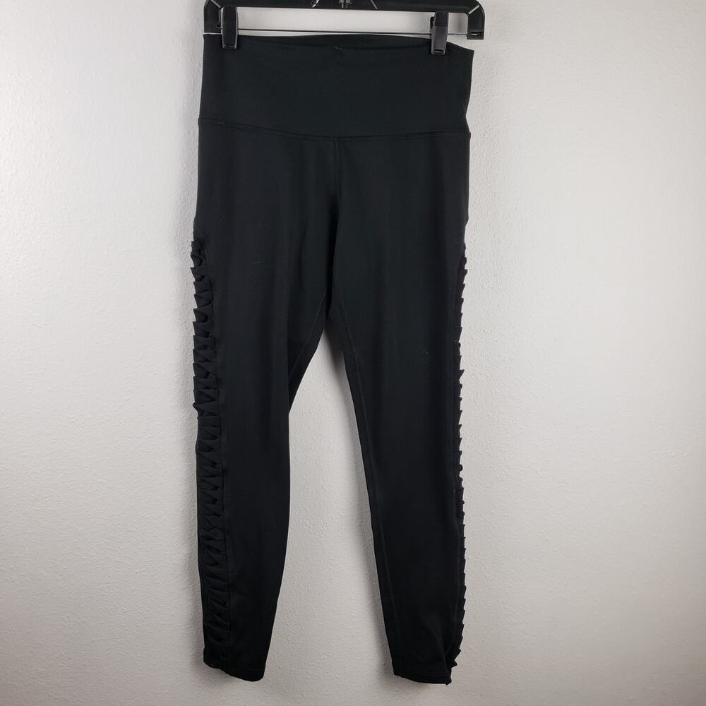 Aerie Women's L High Waist Ruffle Pleat Side Leggings Black Athletic Grunge Yoga